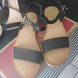 Soda Black Ankle-Strap Flat Sandals with Tan Footbed